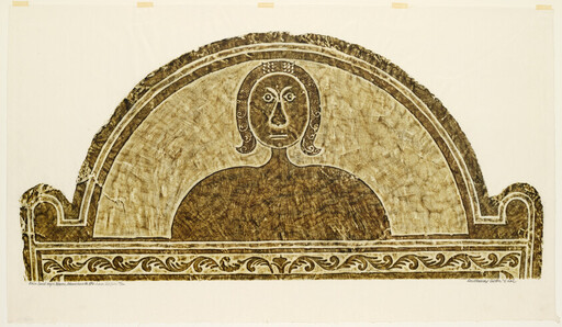 Stylized carved stone relief of a human bust inside a semicircular arch with decorative border.