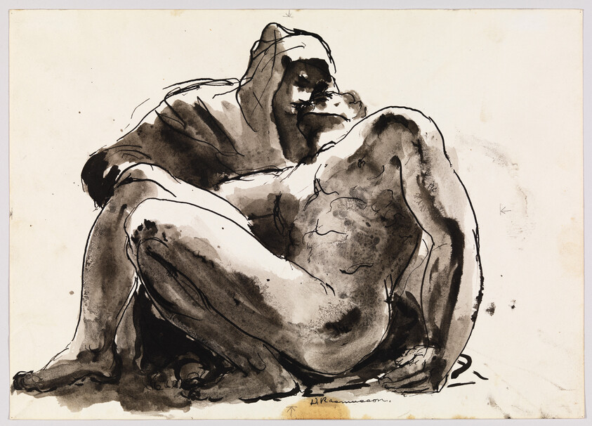 Seated nude figure wearing a hooded cloak, legs drawn up and head turned to the side.