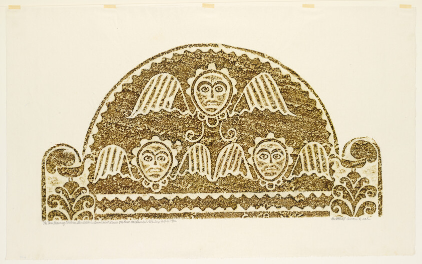 Decorative semicircular panel showing three stylized winged faces and repeating geometric patterns.