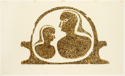 Two textured brown silhouettes of a larger and smaller person facing each other inside an arch.