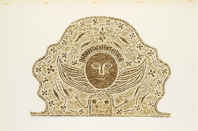 Stylized angelic face with wings and the word "memento mori" arched above it.