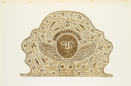 Stylized angelic face with wings and the word "memento mori" arched above it.