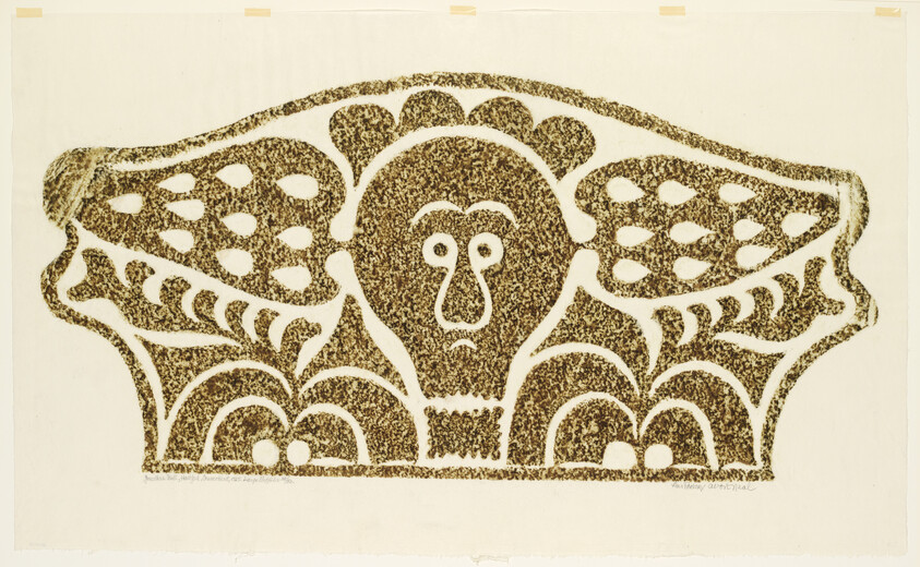 A stylized winged creature with a central face and patterned wings in brown print.