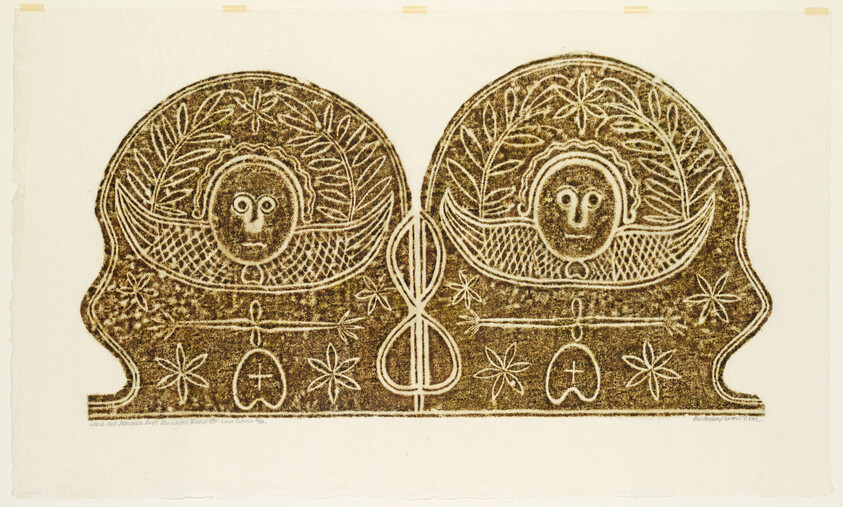 Two symmetrical stylized faces framed by circular leaf patterns and connected by a central knot, with surrounding star-like flowers.