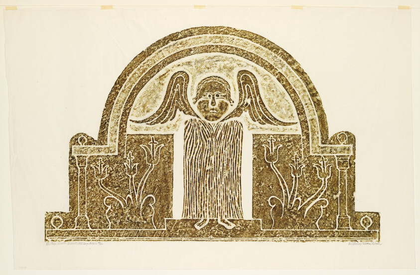 A carved winged figure stands beneath an arched stone panel flanked by stylized plants.