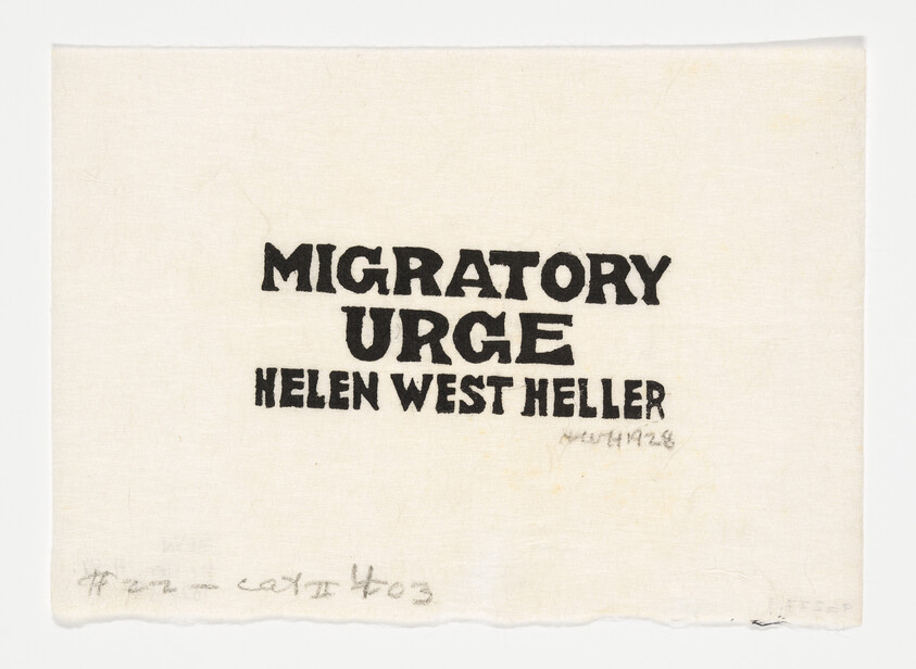 A piece of paper with frayed edges displaying the bold black text "MIGRATORY URGE" above the name "HELEN WEST HELLER" and a date marked "MARCH 1928" in the lower right corner. Below the main text, there is faint handwriting that appears to be a signature or note.