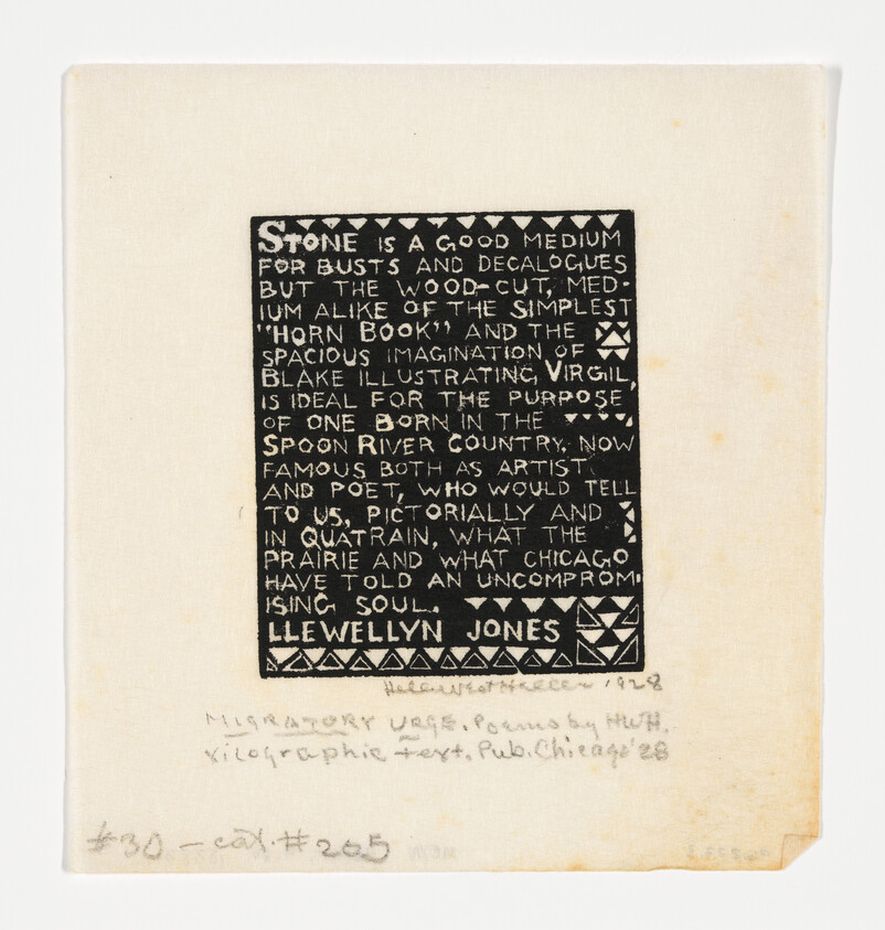 An aged paper with a printed text block in the center surrounded by a decorative border. The text discusses the suitability of wood-cut medium for various artistic expressions, mentioning the 'horn book' and the work of Blake illustrating Virgil. It references the Spoon River country and describes an artist and poet. The name "Jones" appears at the bottom of the text block, followed by a series of geometric patterns. Handwritten notes are visible at the bottom edge of the paper, indicating the work's title, publication details, and catalog numbers.