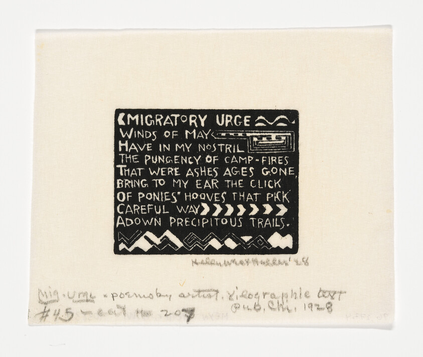 A printed artwork on fabric featuring a block of text with a poem titled "MIGRATORY URGE" surrounded by decorative borders. Below the main block, there is handwritten text and numbers, possibly indicating the artwork's edition number and date. The background fabric extends beyond the printed area with frayed edges.