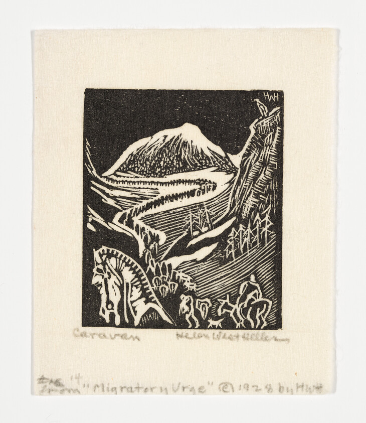 A black and white woodcut print depicting a mountainous landscape with a prominent peak in the background. In the foreground, there are stylized trees and a group of figures that appear to be hiking or climbing. The print includes the initials "WH" in the upper right corner and is signed at the bottom with text that may indicate the title of the work, the artist's name, and the date. The artwork is mounted on a cream-colored paper or fabric.