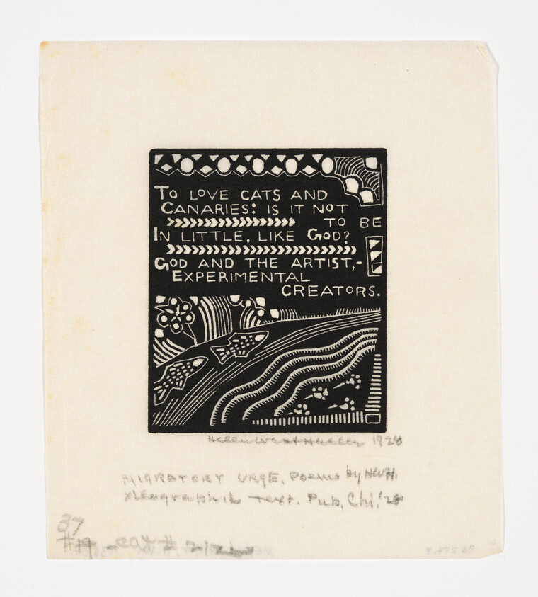 A black and white linocut print featuring a block of text that reads "To love cats and canaries: is it not to be in little, like God? God and the artist, experimental creators." Below the text, there is an abstract design with flowing lines and stylized floral patterns. Handwritten notes and numbers are visible at the bottom of the print.
