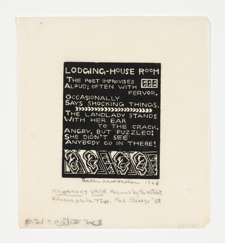 A printed artwork featuring a block of text titled "LODGING-HOUSE ROOM" with a poem beneath it. The poem describes a scene where a poet improvises aloud, often with fervor, and occasionally says shocking things, while the landlady listens at the door, puzzled and angry. Below the poem, there are four stylized figures within a decorative border. Handwritten annotations are present at the bottom, including the title "Migratory Urge Poem by the Artist, Xylographic Text. Ed. Claus 28" and some numbers and signatures. The background is an off-white paper with the printed elements in black ink.
