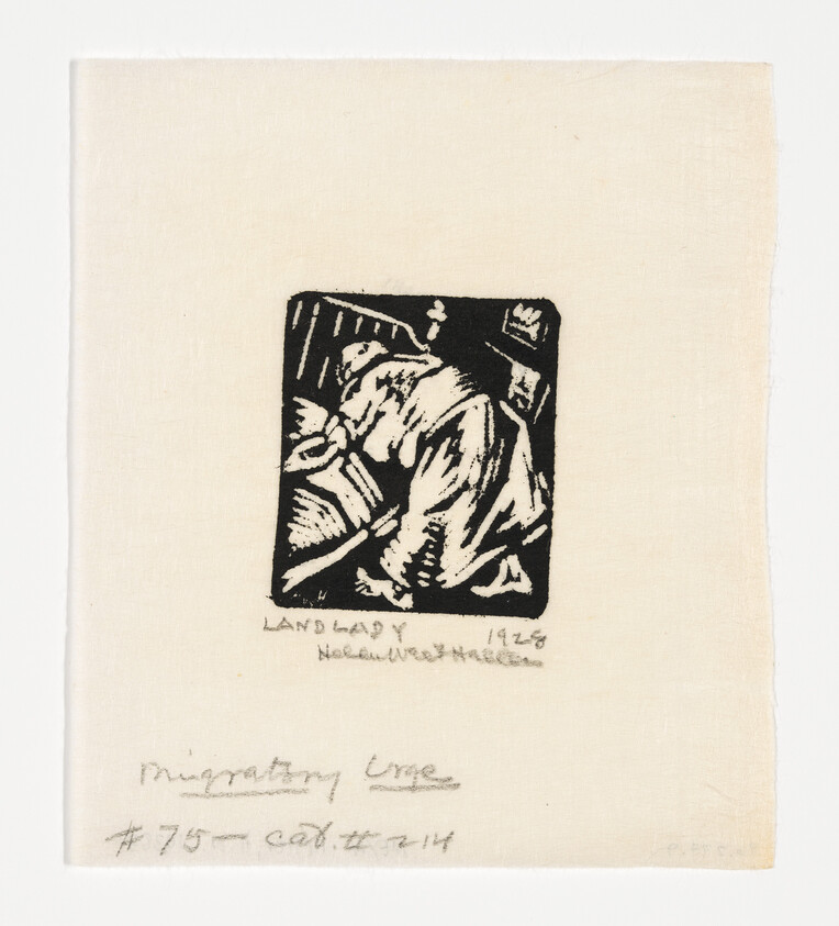 A black and white print of a stylized figure on a piece of fabric or paper. The image is a small square in the center of the material, with handwritten text below and to the right that reads "LANDLADY 1926 Norbert Hase." Additional handwritten text at the bottom left corner reads "Migratory Urge #75 cat.#214." The background is off-white, and the overall impression is of a simple, yet expressive artwork.