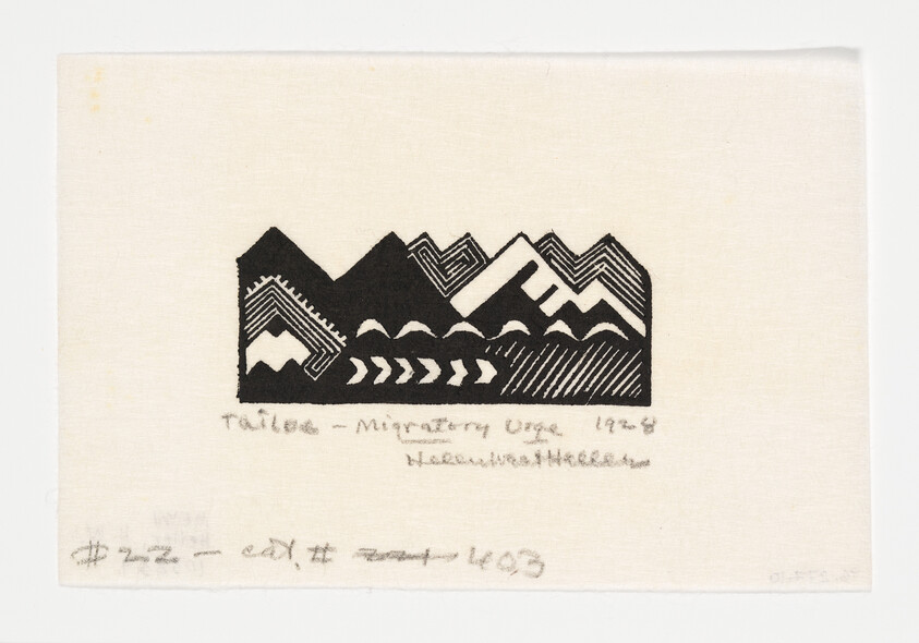 A black and white abstract print featuring stylized mountain shapes with various patterns such as zigzags and waves. Below the image, there is handwritten text and numbers, possibly indicating the title, date, and edition of the artwork. The background is an off-white paper with a textured surface.