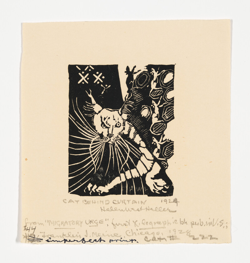 A black and white print titled "Cat Behind Curtain" from 1924, depicting a stylized cat with prominent whiskers and abstract patterns in the background. The image includes handwritten text at the bottom, indicating the title, date, and additional information about the print's publication.