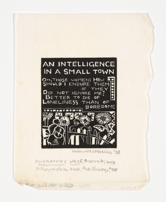 A black and white linocut print on a piece of fabric or paper with frayed edges. The print features bold text at the top reading "AN INTELLIGENCE IN A SMALL TOWN" and a block of text beneath it. Below the text, there is an illustration of two figures, one seated and one standing, surrounded by stylized plants and flowers. Handwritten text at the bottom indicates the title "MIGRATORY URGE Poems by Muri," the medium "Xilographic text," and the publication information "Pub. Chicago, '58." There are additional handwritten notes and numbers along the bottom edge.