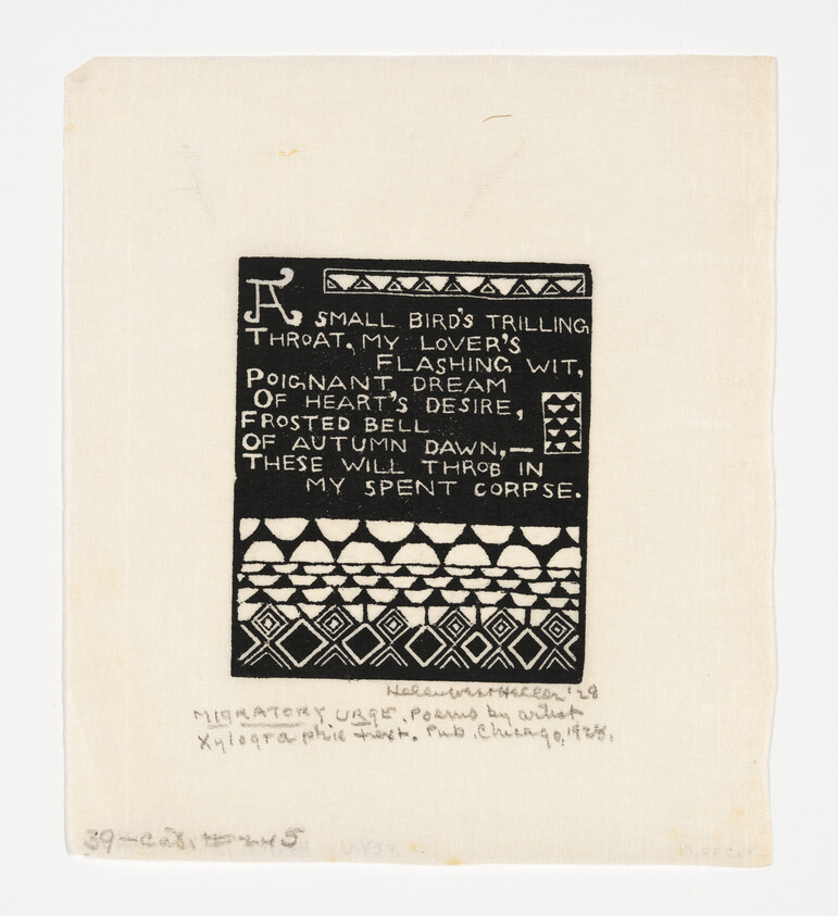 A black and white printed artwork on a beige paper featuring a block of text surrounded by a decorative border. The text is a poem that reads, "A SMALL BIRD'S TRILLING THROAT, MY LOVER'S FLASHING WIT, POIGNANT DREAM OF HEART'S DESIRE, FROSTED BELL OF AUTUMN DAWN, THESE WILL THROB IN MY SPENT CORPSE." Below the border, there is handwritten text that appears to be a signature and possibly a date. The overall style suggests a folk or traditional aesthetic.