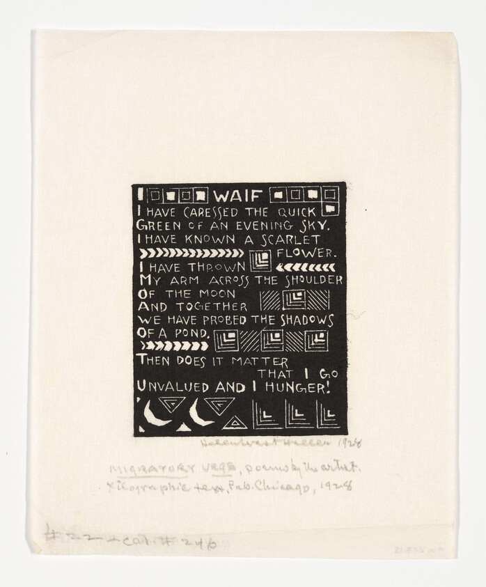 A black and white image of a printed poem titled "Waif" with decorative borders and geometric patterns around the text. The poem is printed in a stylized font with some letters replaced by symbols. Below the poem, there is handwritten text attributing the poem to an author and noting it as a linocut made in Chicago, 1926. The paper appears aged with some creases and discoloration around the edges.