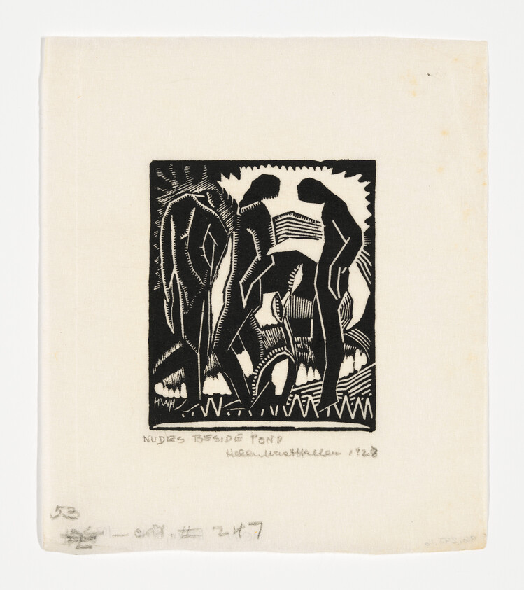 A black and white woodcut print depicting abstract figures that appear to be nudes beside a pond, with bold lines and contrasting dark and light areas. The artwork is centered on a piece of paper with handwritten text and numbers at the bottom, indicating the title and possibly the artist's signature and date.