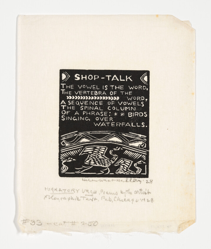 A printed page featuring a block of text titled "SHOP-TALK" with a decorative illustration below. The text discusses the importance of vowels in words, likening them to the vertebrae of the word and the spinal column of a phrase, with an analogy to birds singing over waterfalls. Below the text, the illustration depicts stylized waves and birds in a linocut style. Handwritten notes are visible at the bottom, indicating the piece is a migratory bird poem with a publication date and other cataloging details. The paper shows signs of age with slightly frayed edges.