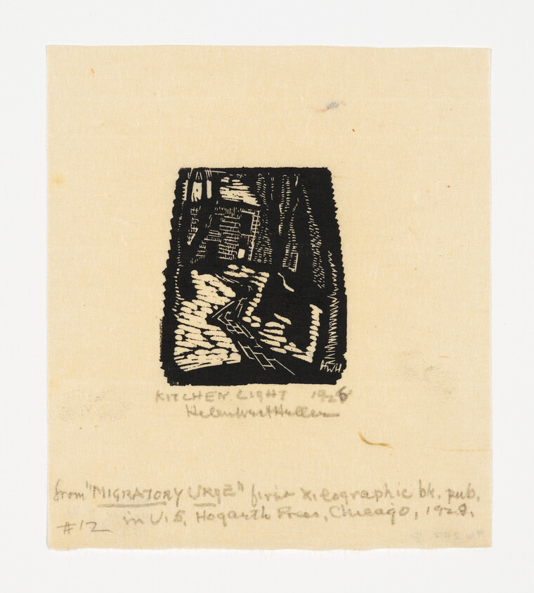 A black ink print on a beige paper featuring an abstract design with text annotations at the bottom. The annotations include the title "KITCHEN CORNER 1950" and the artist's signature, as well as a note stating "from 'MIGRATORY URGE' by the KEEPSAKE bk. pub. in U.S. Hogarth Press, Chicago, 1950. #12."