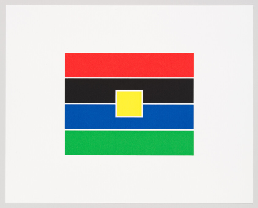 Centered rectangle shows red, black, blue, and green horizontal stripes with a yellow square overlapping the center.