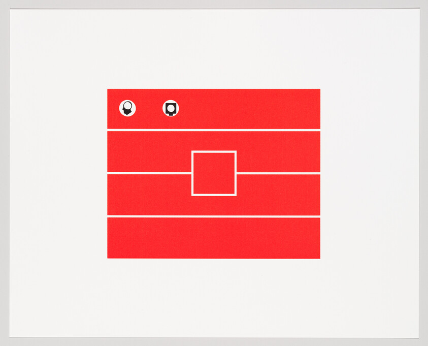 Red rectangle with horizontal white lines, a centered white square, and two small icons above.