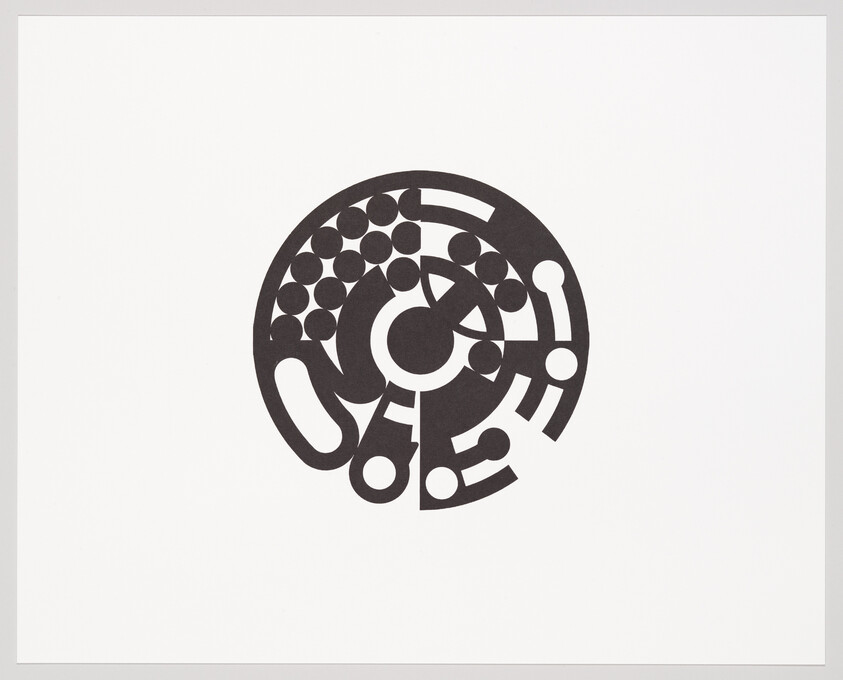 A black circular abstract design composed of concentric rings, dots, arcs, and geometric cutouts on white.