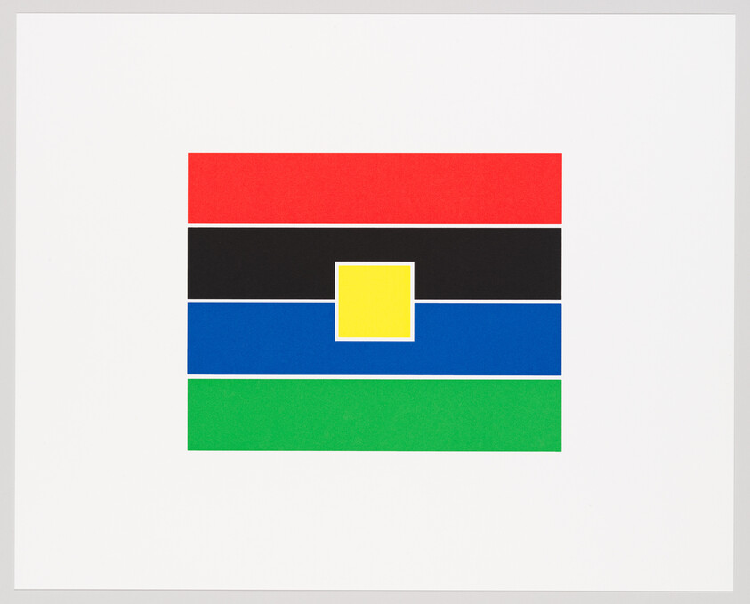 A centered yellow square sits on blue, black, red, and green horizontal stripes.