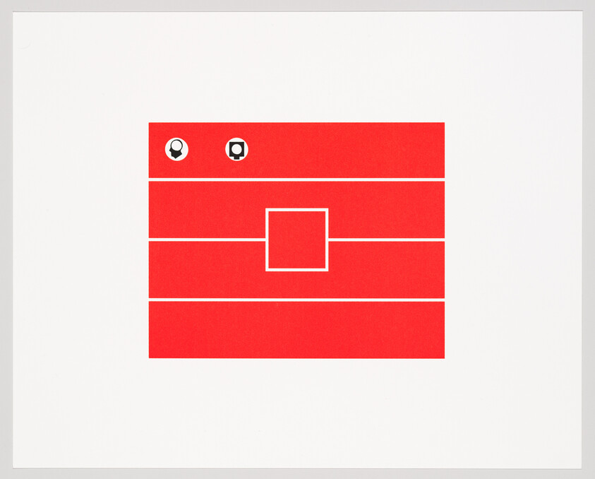 A red rectangle with four horizontal white lines, a central white square, and two small icons.