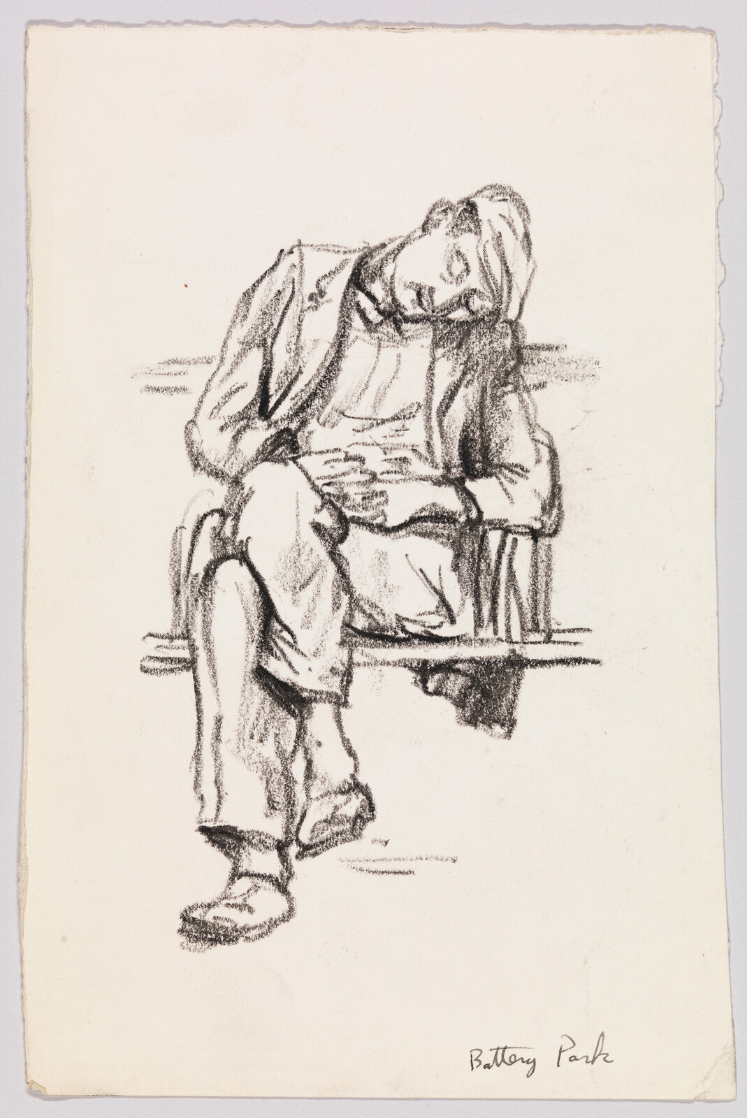 A man asleep on a bench with his head tilted and legs crossed.