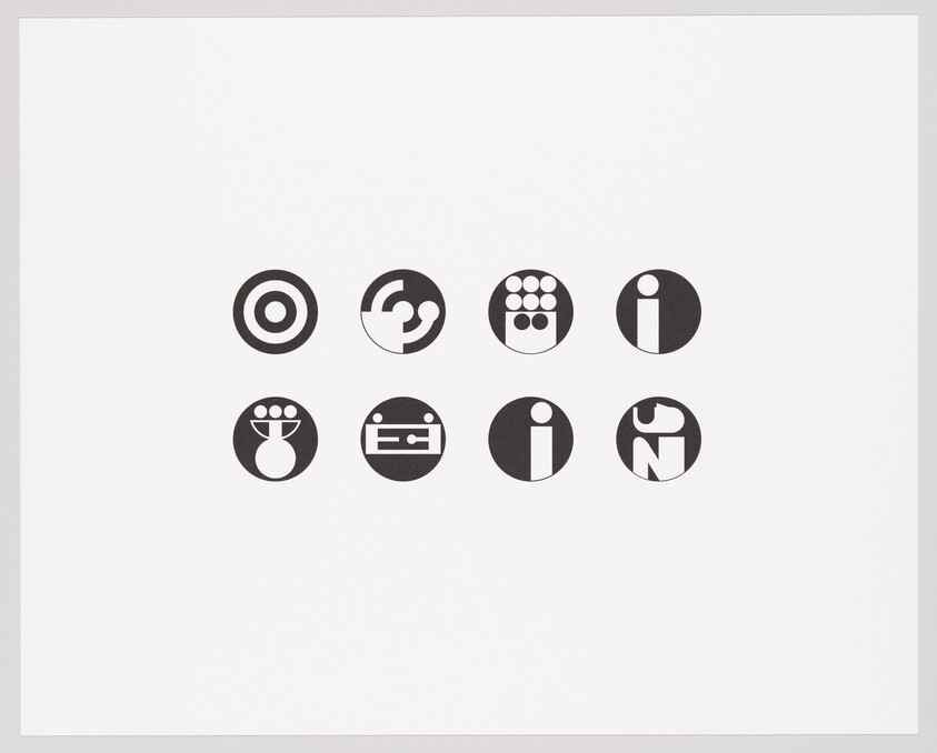 Eight black circular icons with simple geometric symbols are arranged in two rows on a white background.
