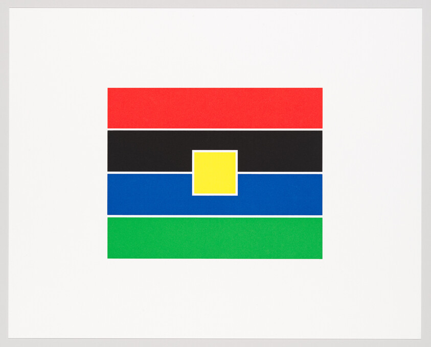 Centered yellow square on stacked red, black, blue, and green horizontal bars.