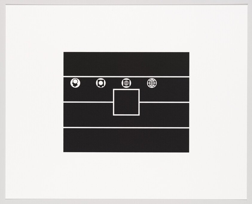 A minimalist black and white graphic print featuring a central black rectangle with three horizontal stripes and four icons representing a person, a camera, a speech bubble, and a globe at the top. A smaller white rectangle is nested inside the black one on the bottom right. The image is surrounded by a wide white border.