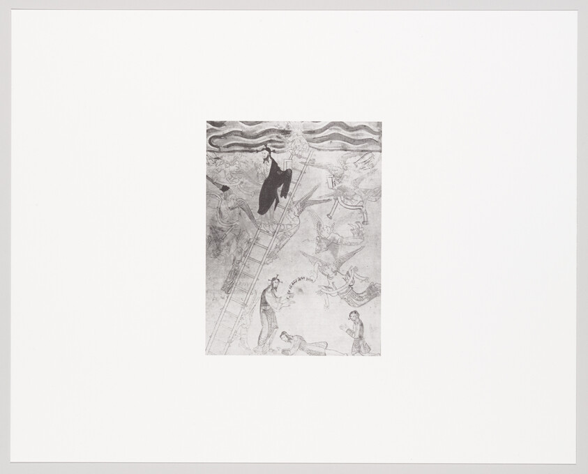 A person climbs a tall ladder toward the sky while others watch below.