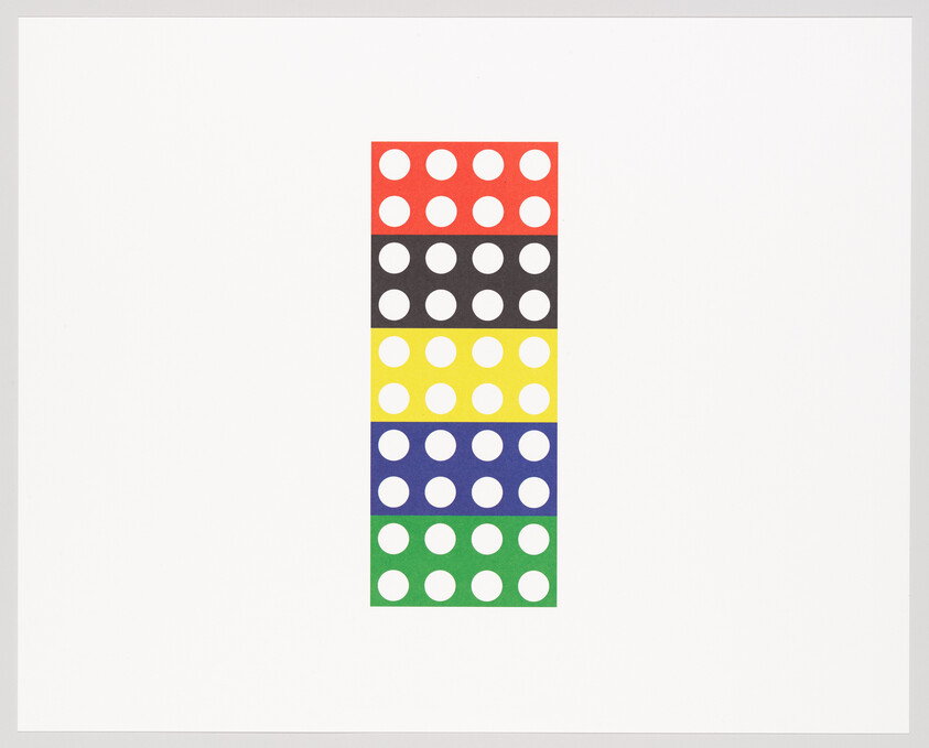 A graphic artwork featuring a vertical rectangle filled with rows of colored dots against a white background. From top to bottom, the rows are red, black, yellow, green, blue, and purple, with each row containing eight dots.