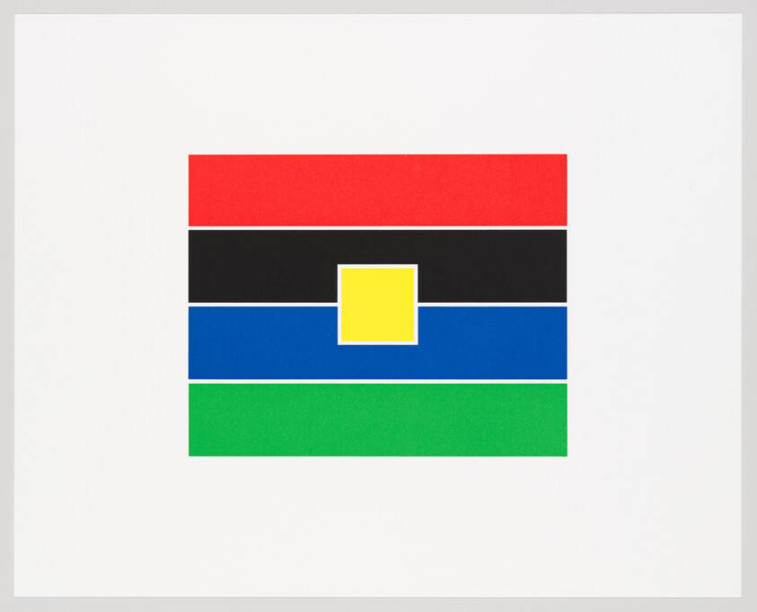 Centered rectangle shows red, black, blue, and green horizontal bars with a yellow square at center.