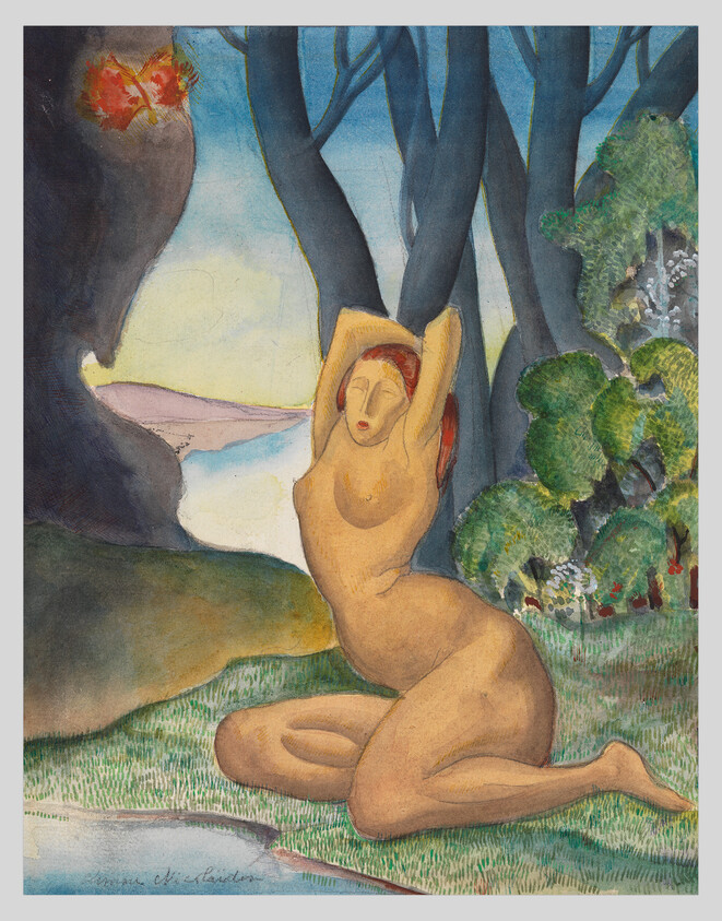 A nude woman kneels on grass near trees and water with arms raised above her head.