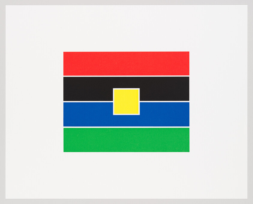 Stacked horizontal bars in red, black, blue, and green with a centered yellow square.