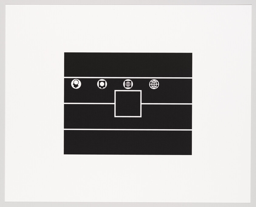 A minimalist black and white graphic print featuring a central square surrounded by four icons at the cardinal points on a black background with horizontal lines. The icons appear to represent a person, a camera, a chat bubble, and a globe. The artwork is bordered by a wide white margin.