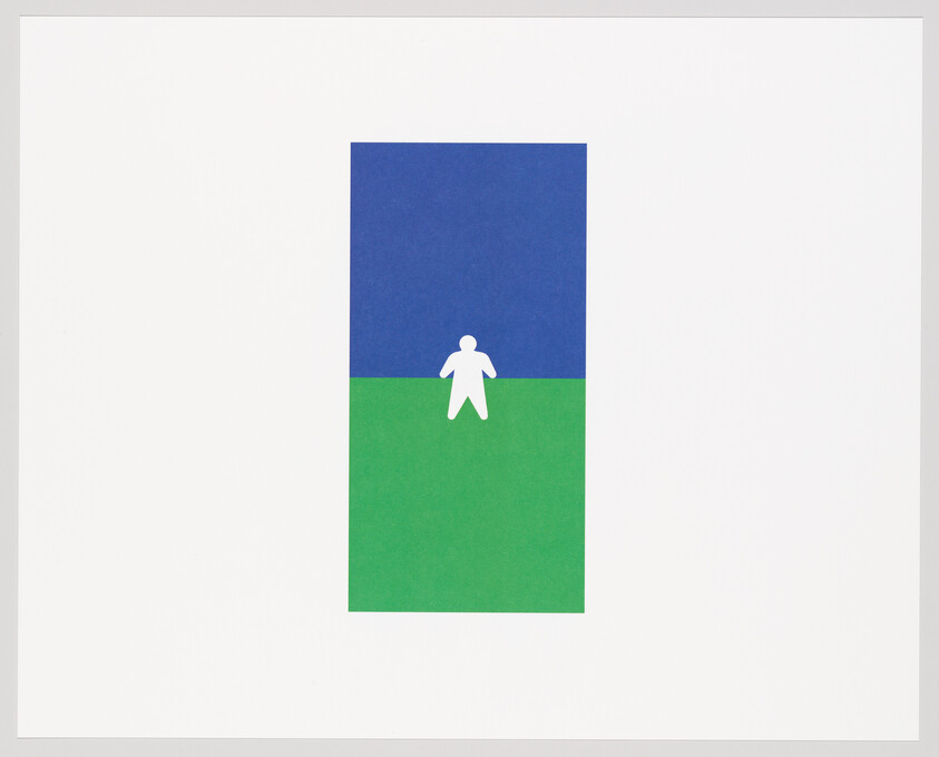 A small white human figure stands at the dividing line between a blue upper rectangle and green lower rectangle.