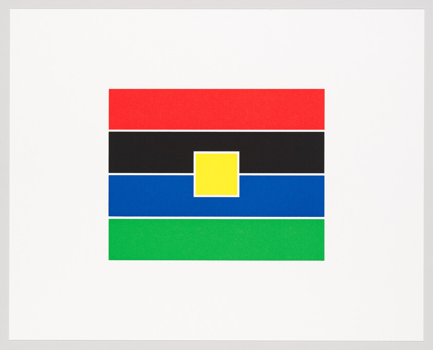 Centered stacked horizontal bars in red, black, blue, and green with a yellow square overlay.