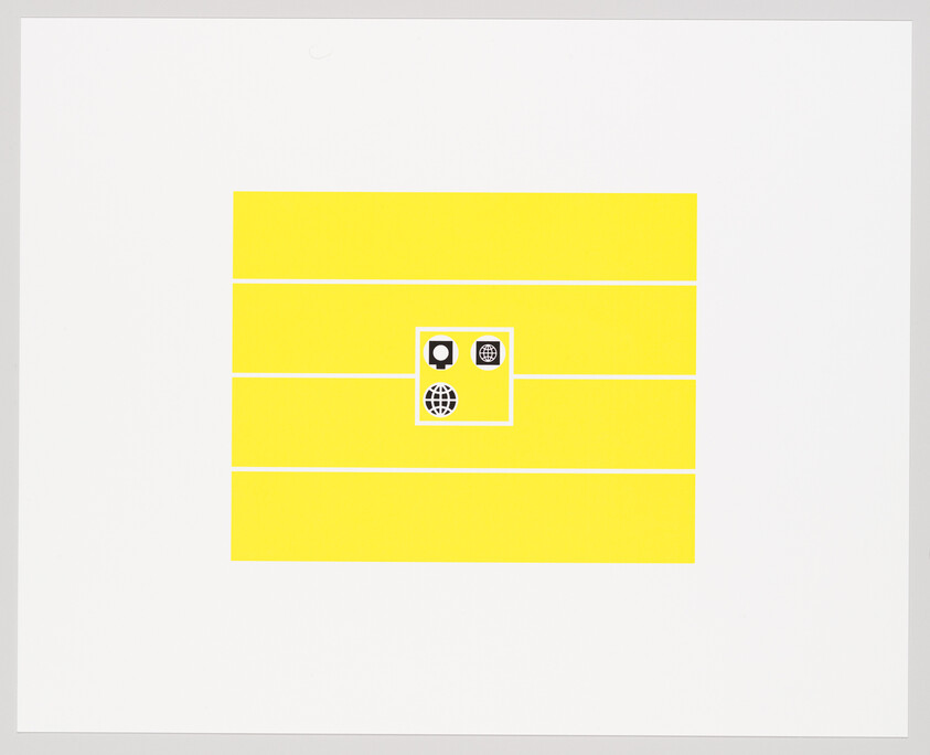 Centered yellow horizontal bars with a small square showing three black communication and globe icons.