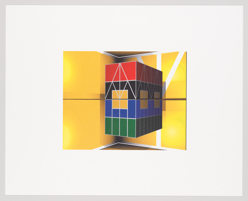 A colorful geometric cube with red, blue, and green panels sits centered against four unfolded yellow panels.