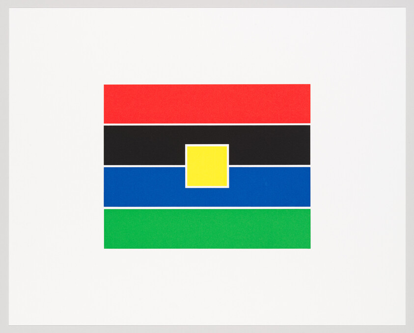 A centered rectangle with red, black, blue, and green horizontal stripes and a yellow square.
