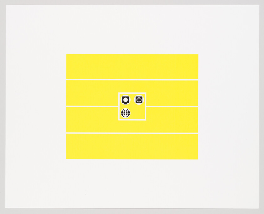 Centered yellow rectangle with horizontal bands and three small black globe and pin icons inside a white box.