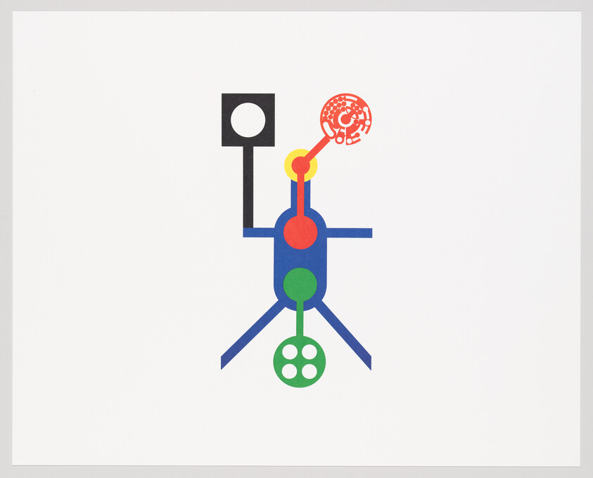 A colorful abstract print featuring geometric shapes arranged to suggest a humanoid figure with a circular red patterned head, yellow neck, blue torso, and green legs, standing next to a black shape with a white circle on top.