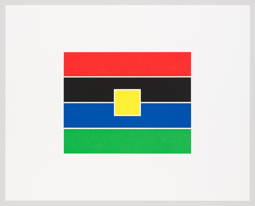 Centered rectangular design with red, black, blue, and green horizontal stripes and a yellow square.