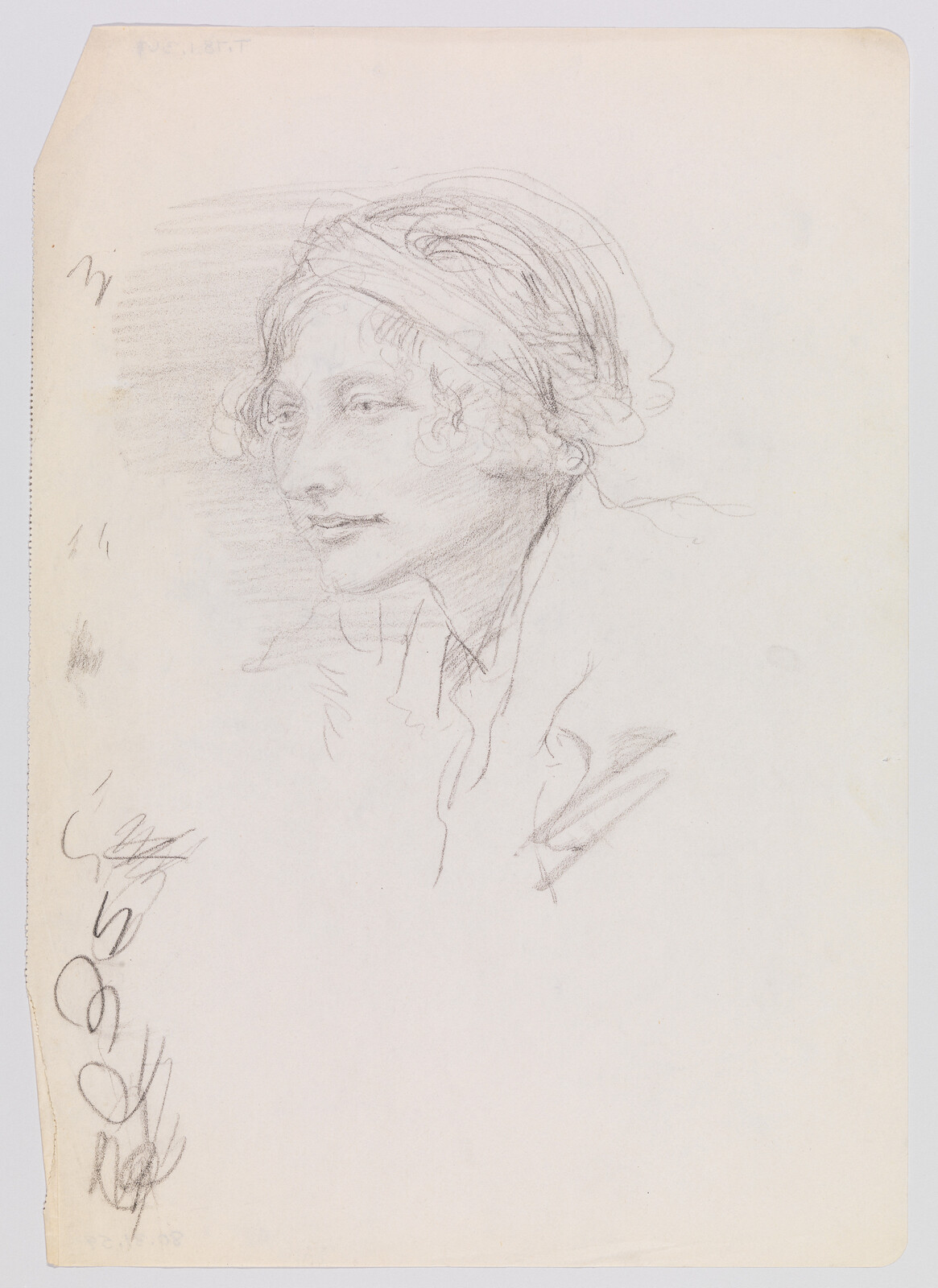 A delicate pencil sketch of a woman in profile wearing a loosely wrapped headscarf.