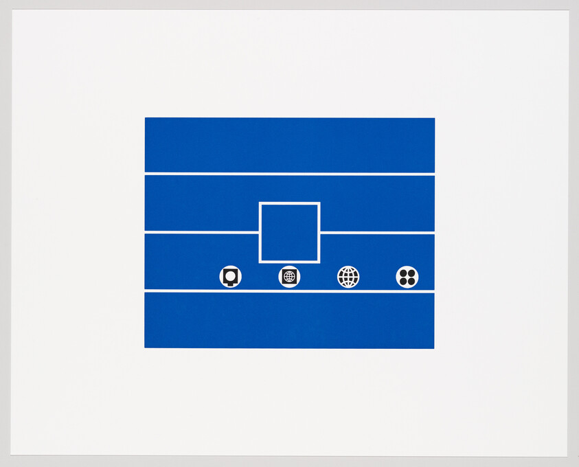 A minimalist graphic artwork featuring a series of blue horizontal stripes with a central white square and four icons at the bottom left and right corners, including a camera, a globe, and other abstract symbols, all set against a white background.