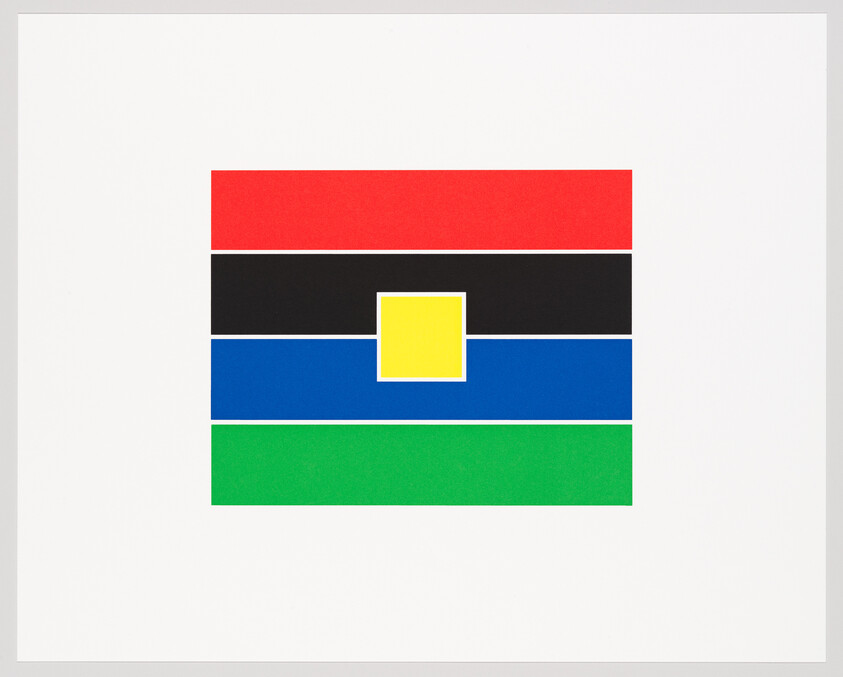 Four horizontal colored stripes with a centered yellow square and thin white borders.